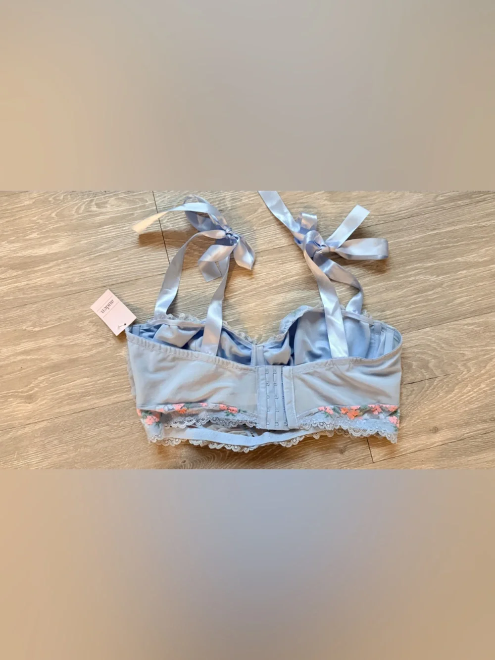 Light Blue Floral Lace Balconette Bra with Ribbon Straps - Picture 10 of 11
